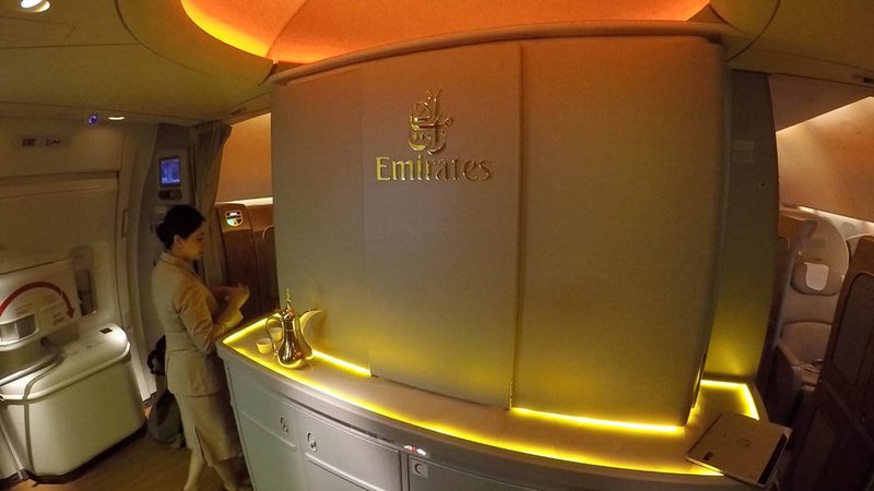 Boarding the Emirates Boeing 777-ER First Class Cabin.
