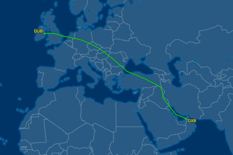 The 6,194 km flight path of EK164 Dublin to Dubai.