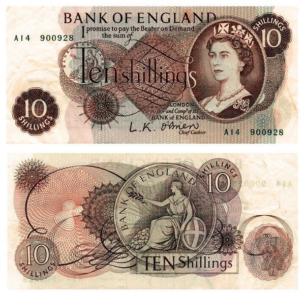 A ten shilling banknote featuring Queen Elizabeth from the 1960s. (Image: Mrs Logic)