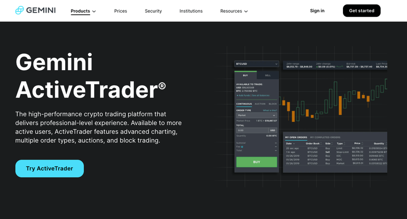 Gemini ActiveTrader for more advanced traders.