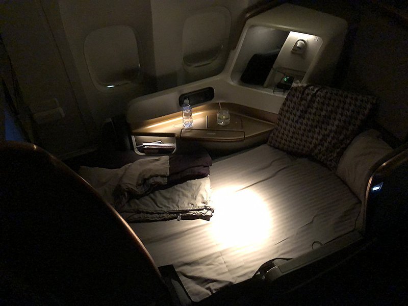 The fully reclined lie flat bed in the new Singapore Airlines Business Class.