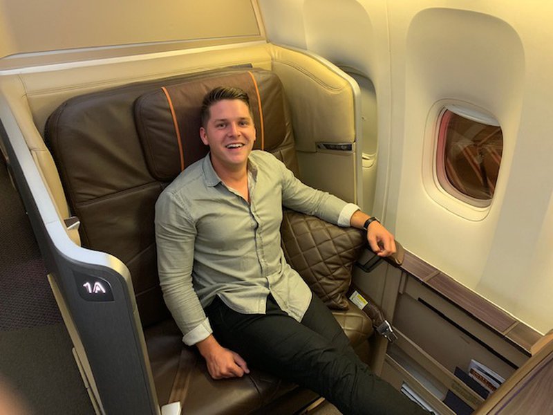 Our Head of Sales & Partnerships Stephen Henderson enjoying some of the company&#x27;s credit card points at work in the Singapore Airlines First Class cabin