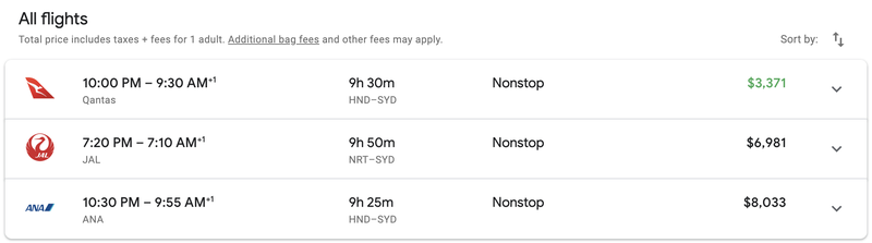 Three Non-Stop Flights Tokyo to Sydney in Business Class.