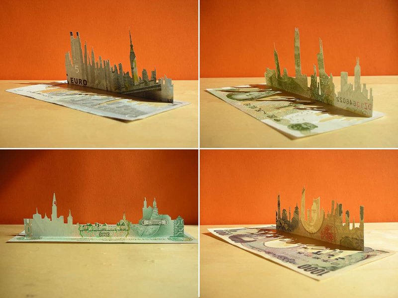 A selection of cityscapes created from banknotes. (Image: Spluch)