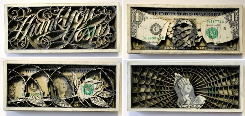 Scott Campbell&#x27;s laser-cut tattoo designs in dollar bills. (Image: Scott Campbell)