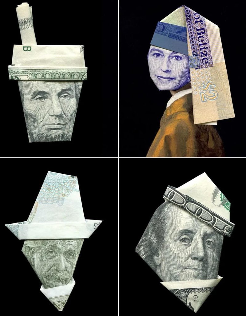 Banknote origami of Abraham Lincoln, The Queen, Albert Einstein, and Benjamin Franklin with hats. (Images: Yosuke Hasegawa)