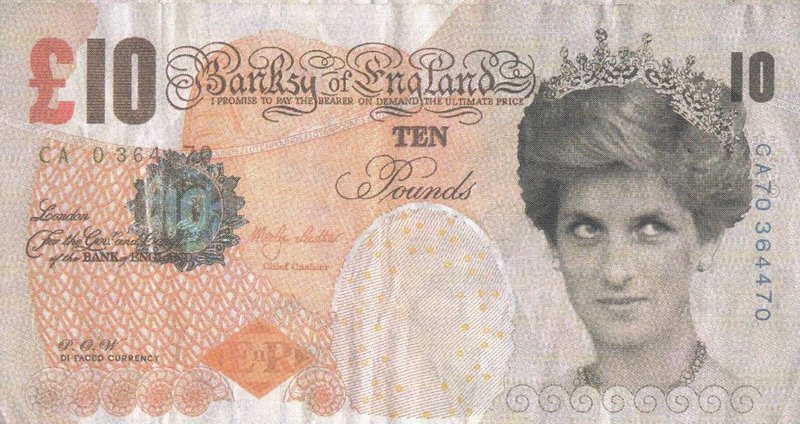 Banksy&#x27;s version of the Bank of England £10 banknote, replacing the Queen with Princess Diana. (Image: American Numismatic Society)