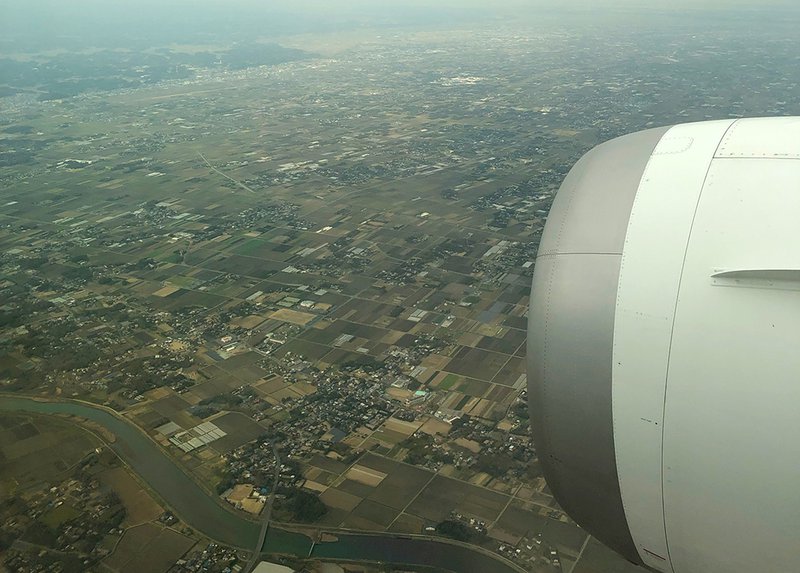On approach into Narita with the Japanese countryside below. it was a gloomy day in Tokyo.