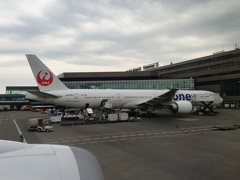 A Japan Airlines B777 on the stand at Narita.