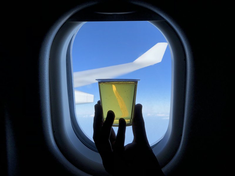 Art. Or just a random picture of a glass of beer in front of a plane window?