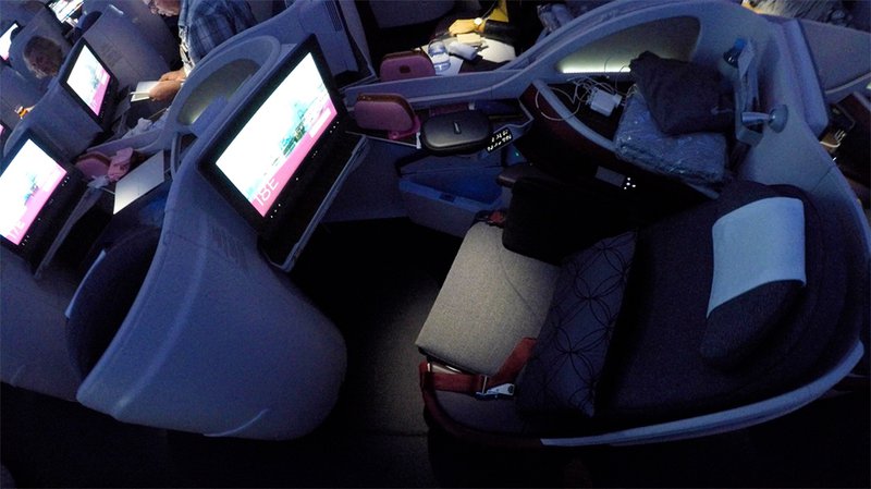The spacious Qatar A380 Business Class seat, home for the next 14 hours.