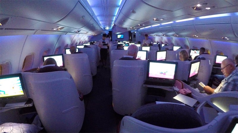 Blue mood lighting in the Business Class cabin on the Qatar Airways A380.