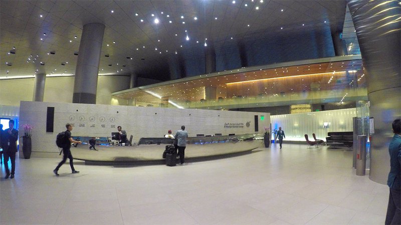 Entering the renowned Al Mourjan Business Class Lounge at Doha Airport.