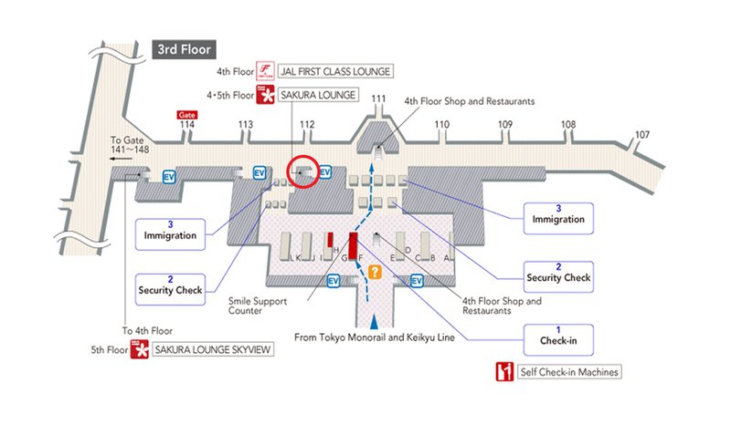 Location of the escalator that will take you to the 4th floor. Image courtesy of JAL.